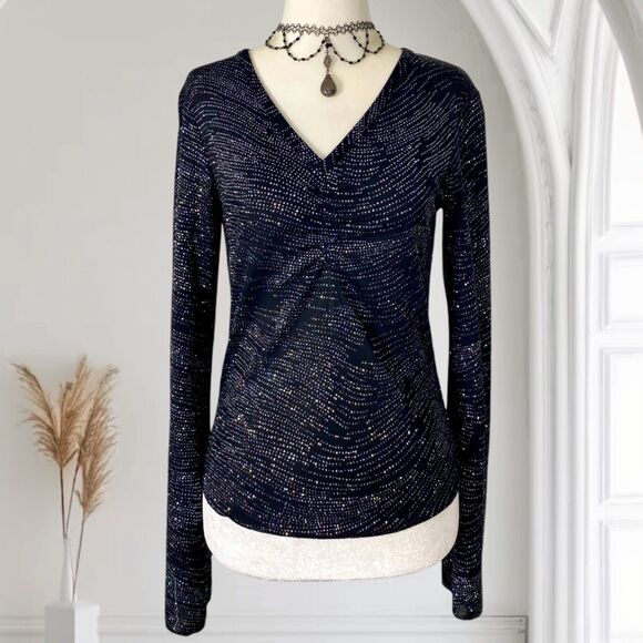 Vampy Goth Early 2000's Longsleeve Black Silver Glitter Bat Sleeve Top M - Picture 1 of 8